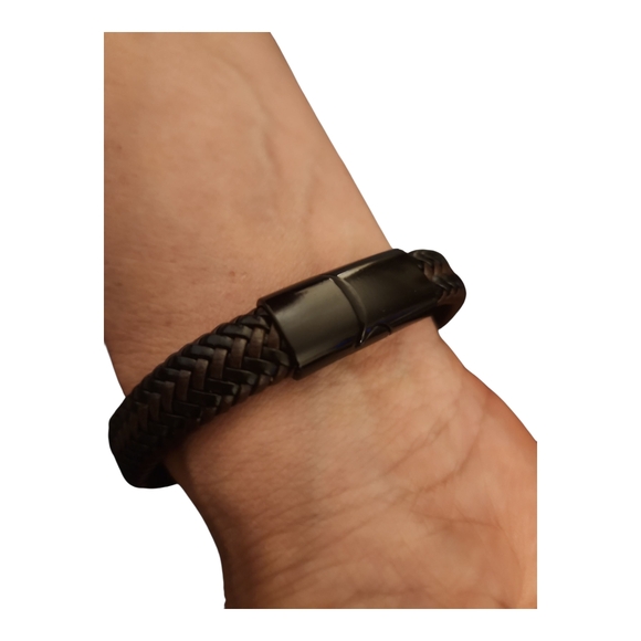 Men's Black and Brown Leather Engraved Braided Bracelet with Infinity Knot - Picture 2 of 12